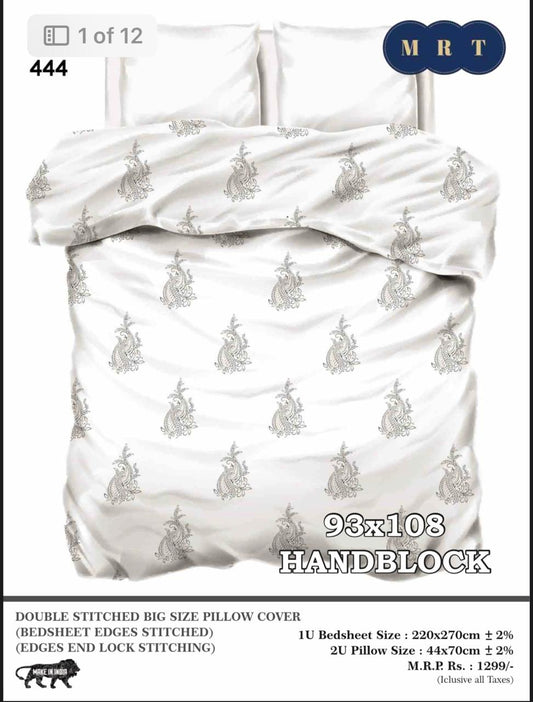 Handblock Cotton Double Bedsheet with 2 Pillow Covers  (93x108 Inches)