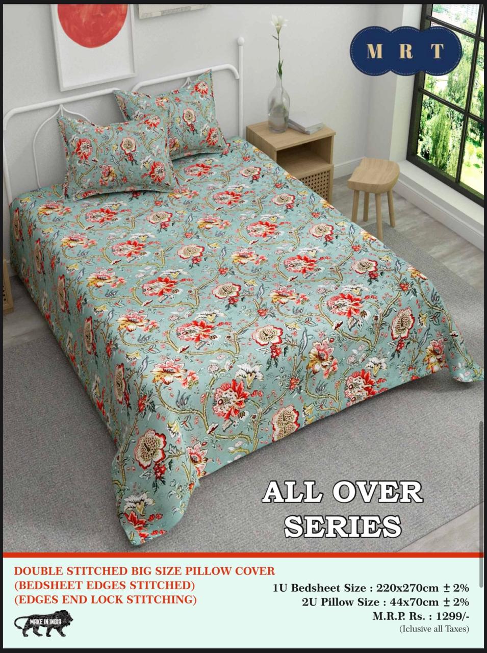Handblock Cotton Double Bedsheet with 2 Pillow Covers  (93x108 Inches)