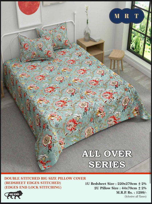 Handblock Cotton Double Bedsheet with 2 Pillow Covers  (93x108 Inches)