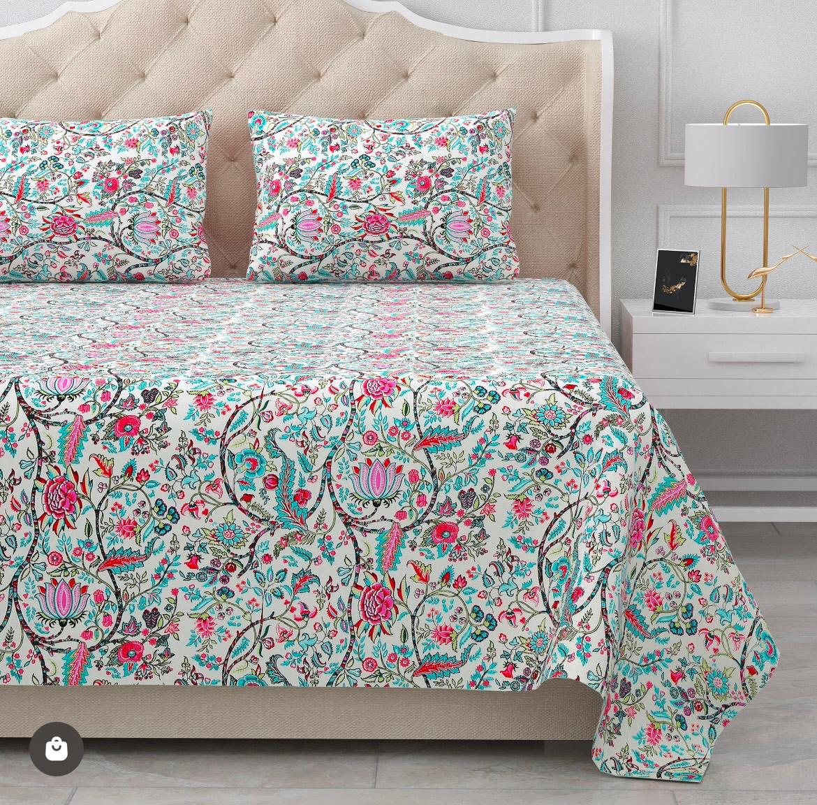 Handblock Cotton Double Bedsheet with 2 Pillow Covers  (93x108 Inches)