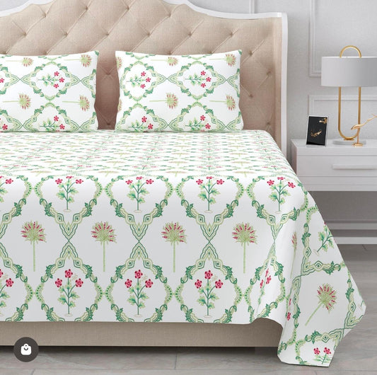 Handblock Cotton Double Bedsheet with 2 Pillow Covers  (93x108 Inches)