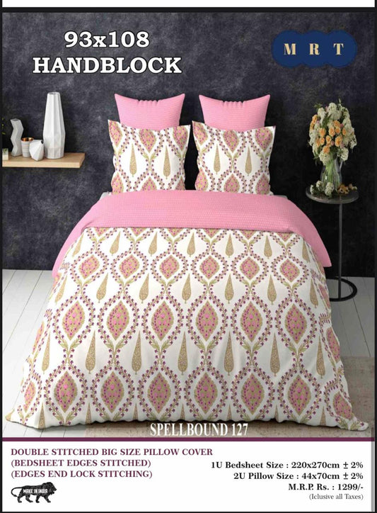 Handblock Cotton Double Bedsheet with 2 Pillow Covers  (93x108 Inches)