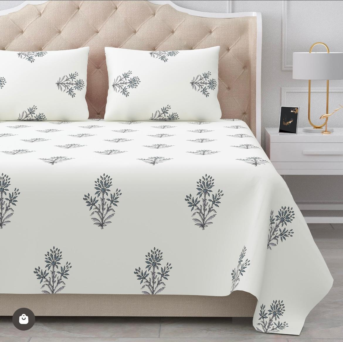 Handblock Cotton Double Bedsheet with 2 Pillow Covers (93x108 Inches)