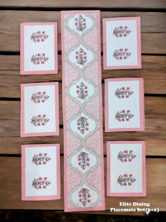 Premium Block Print Table Mat Set – 7 Piece Canvas Fabric | Handcrafted Floral Design