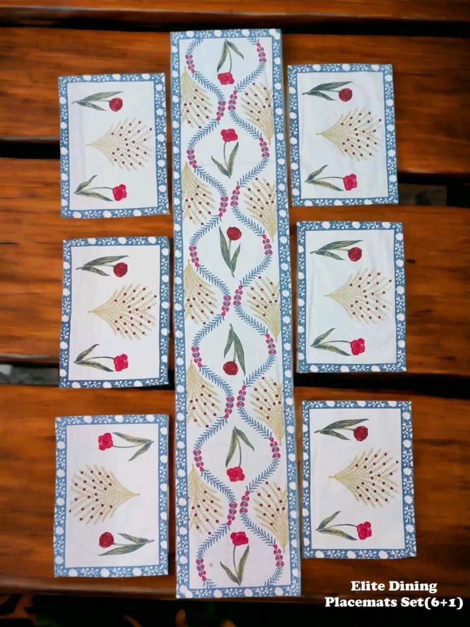 Luxury Hand Block Printed Table Mat Set – 7 Piece Canvas Dining Set