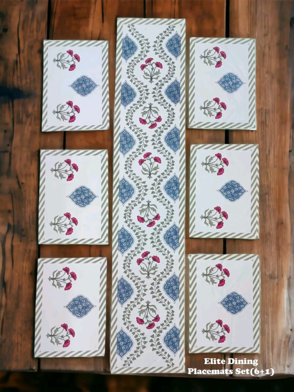 Luxury Hand Block Printed Table Mat Set – 7 Piece Canvas Dining Set
