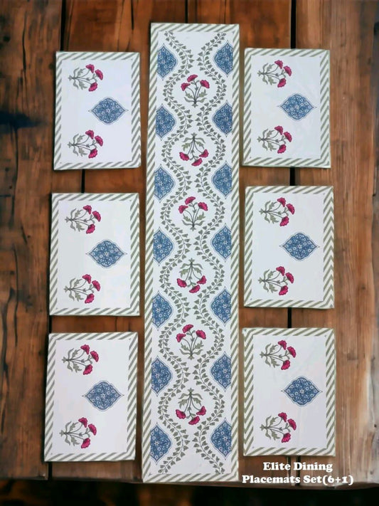 Luxury Hand Block Printed Table Mat Set – 7 Piece Canvas Dining Set