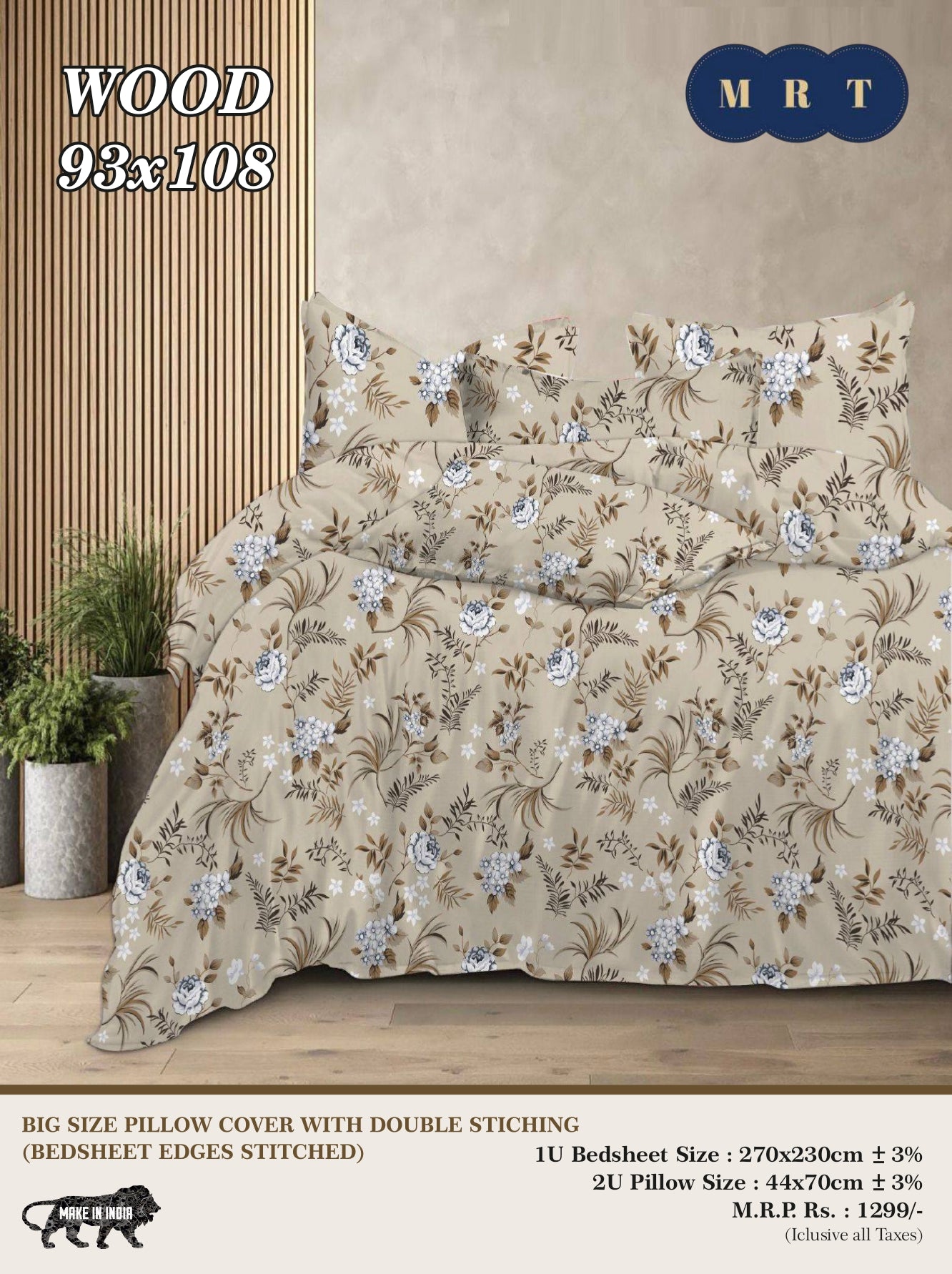 WOOD – Premium Double Bedsheet with Pillow Covers king size bedsheets(93x108 inches / 270x230 cm)