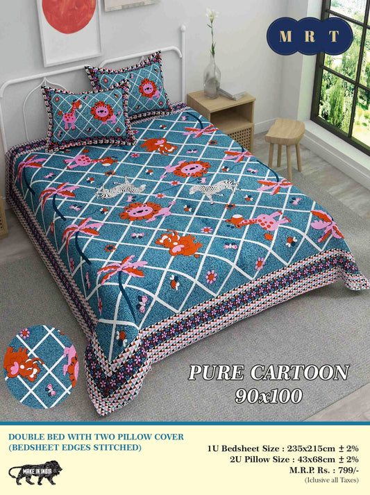 Pure Cartoon Printed Double queen Bedsheet Set – Includes 2 Pillow Covers | MRT