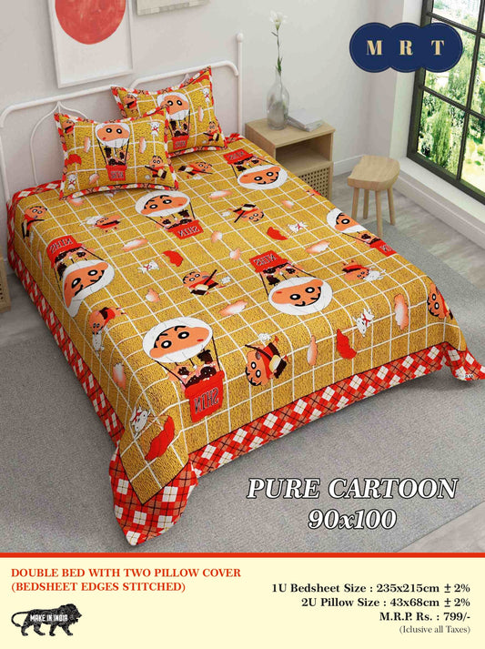 Pure Cartoon Printed Double queen Bedsheet Set  – Includes 2 Pillow Covers | MRT