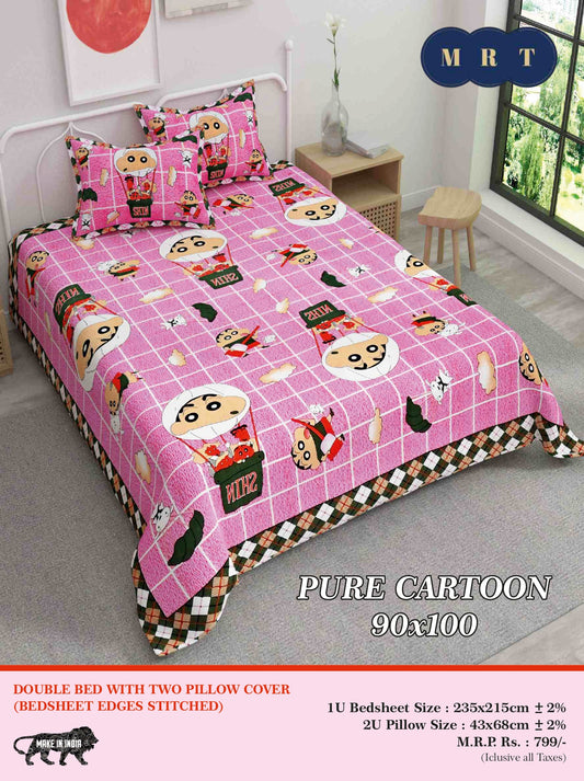 Pure Cartoon Printed Double queen Bedsheet Set  – Includes 2 Pillow Covers | MRT