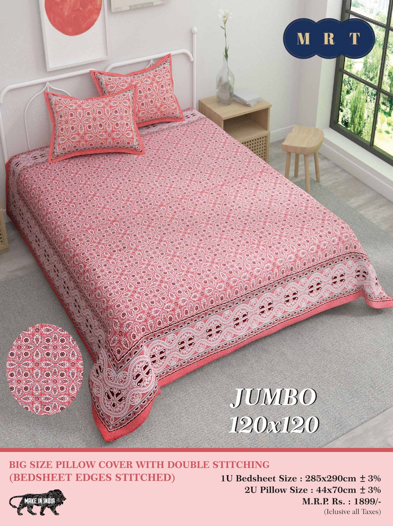 Jumbo Double Bedsheet with 2 pillow covers -120x120(Red & White Floral Print)