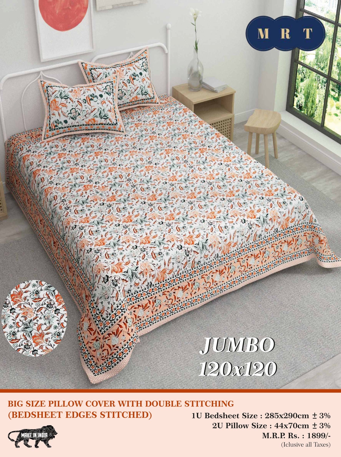 Jumbo Double Bedsheet with 2 pillow covers -120x120