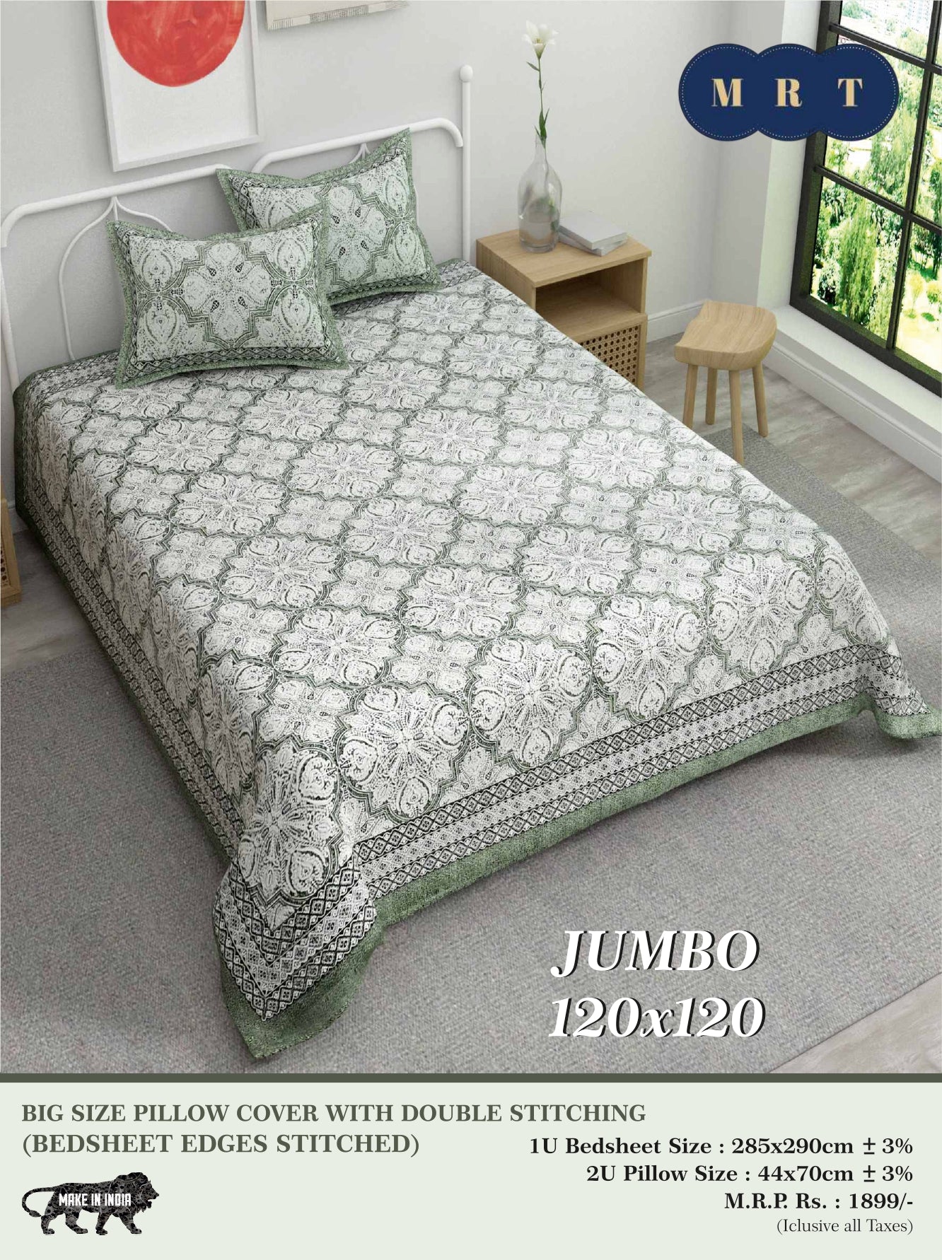 Jumbo Double Bedsheet with 2 pillow covers -120x120
