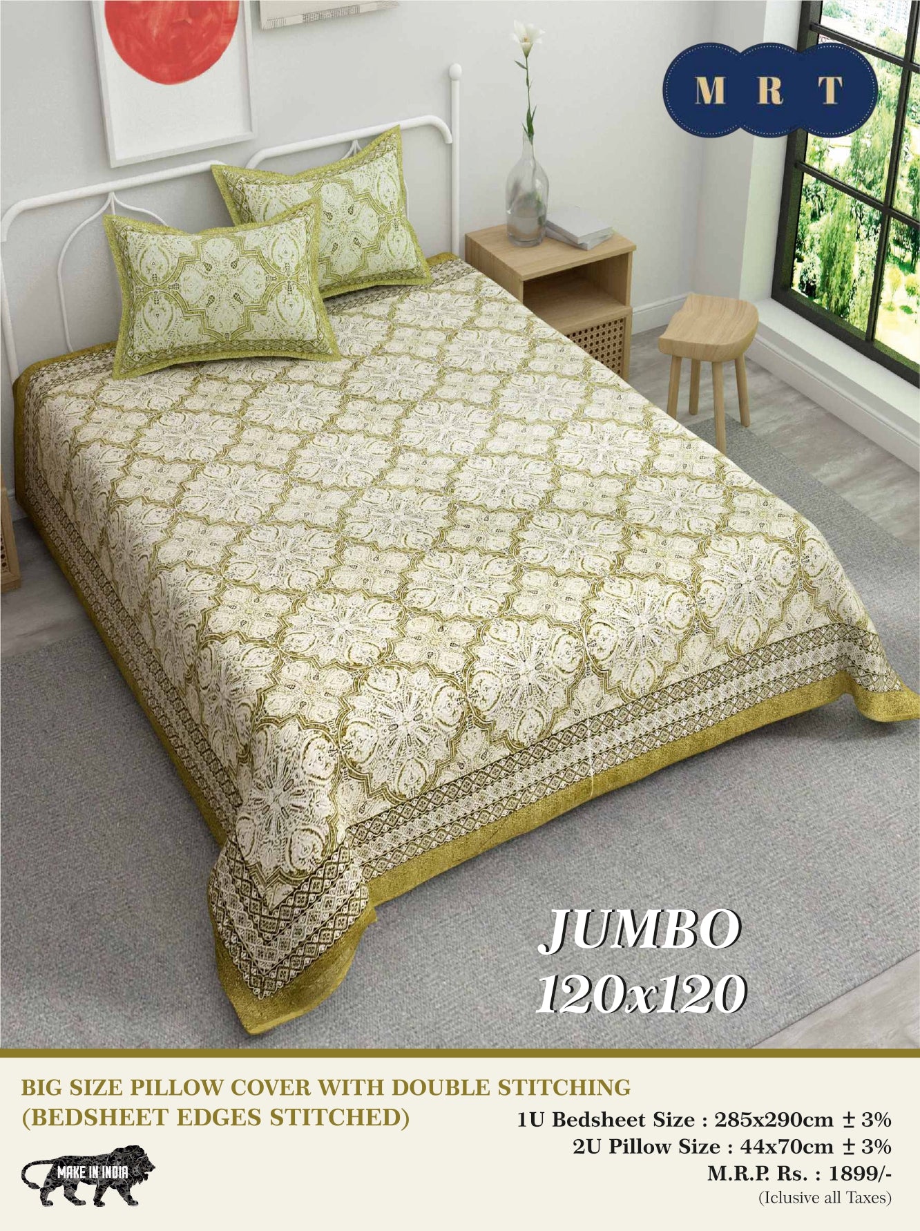 Jumbo Double Bedsheet with 2 pillow covers -120x120