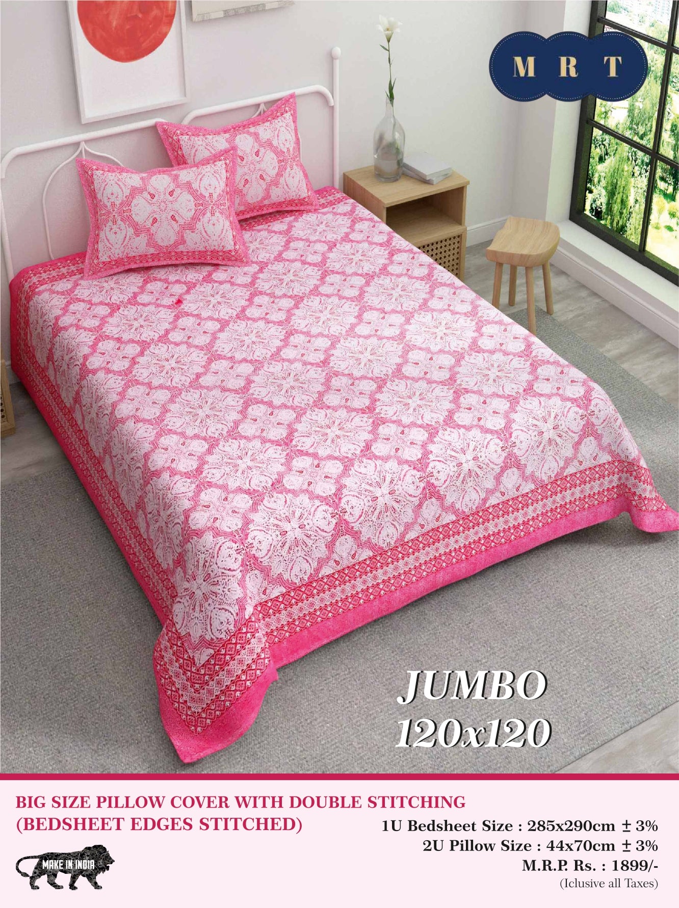 Jumbo Double Bedsheet with 2 pillow covers -120x120