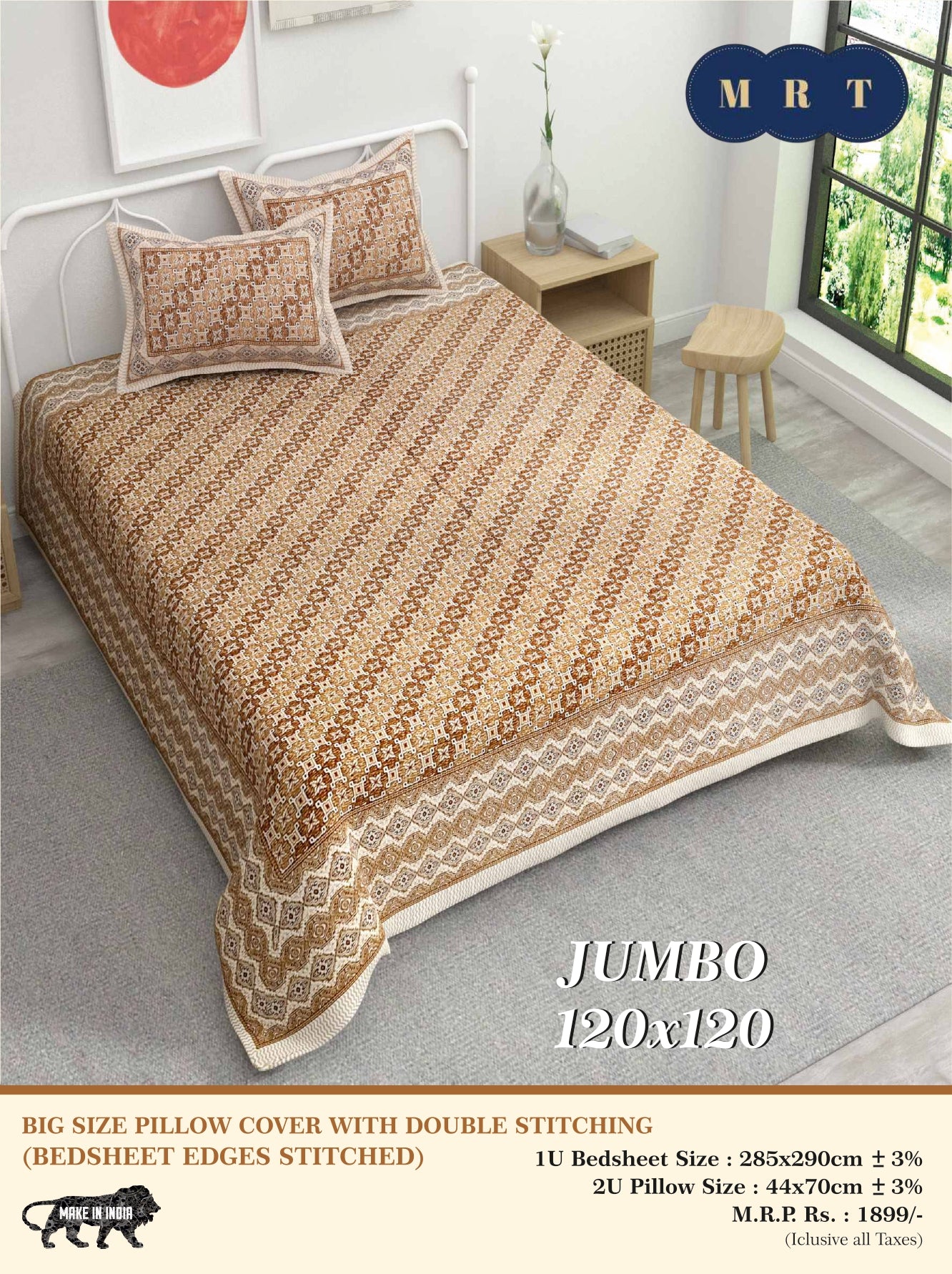 Jumbo Double Bedsheet with 2 pillow covers -120x120