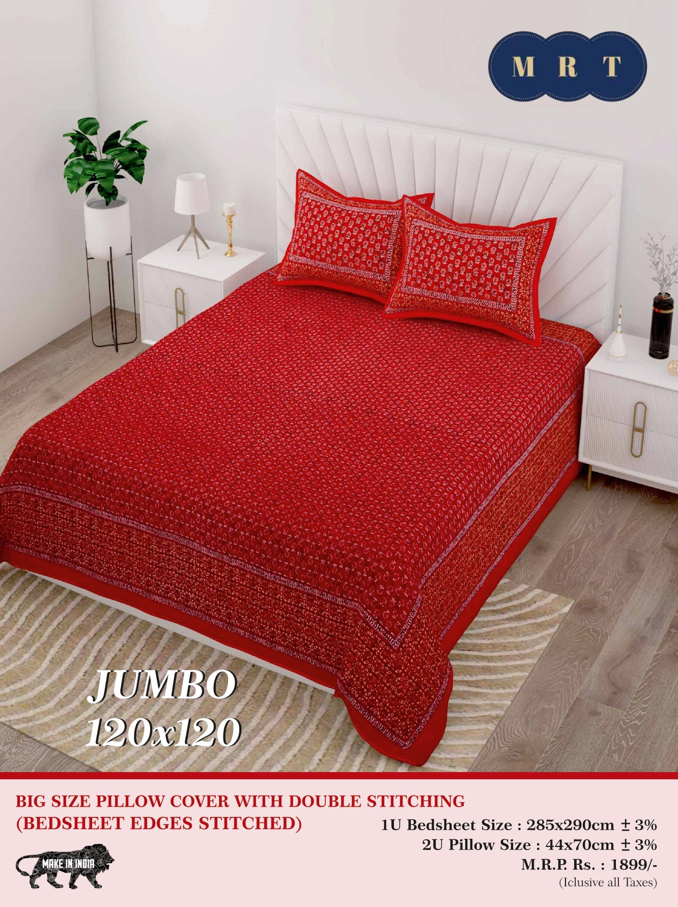 Jumbo Double Bedsheet with 2 pillow covers -120x120