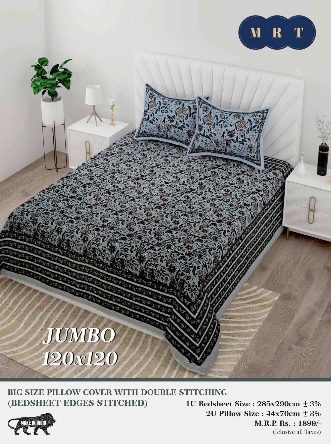 Jumbo Double Bedsheet with 2 pillow covers -120x120