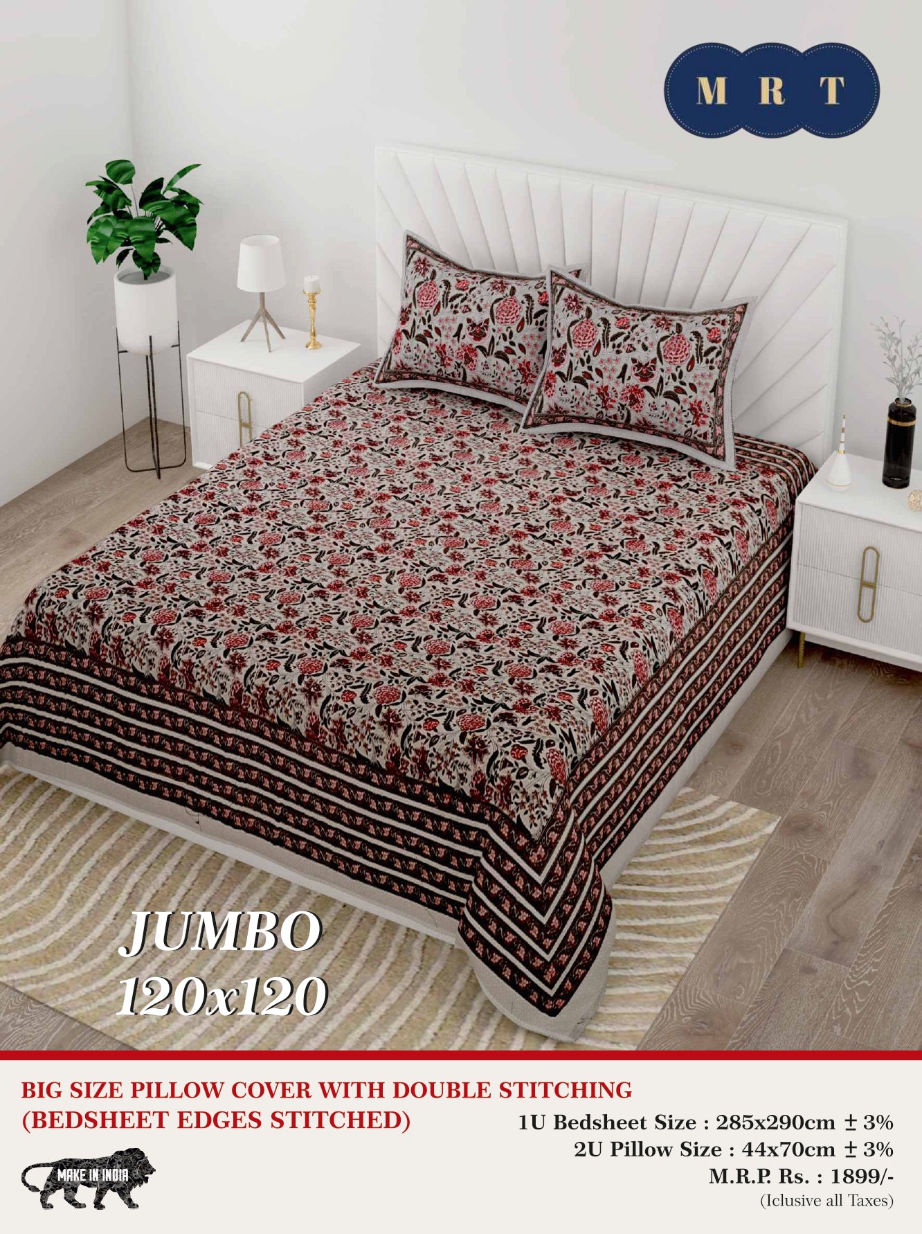 Jumbo Double Bedsheet with 2 pillow covers -120x120