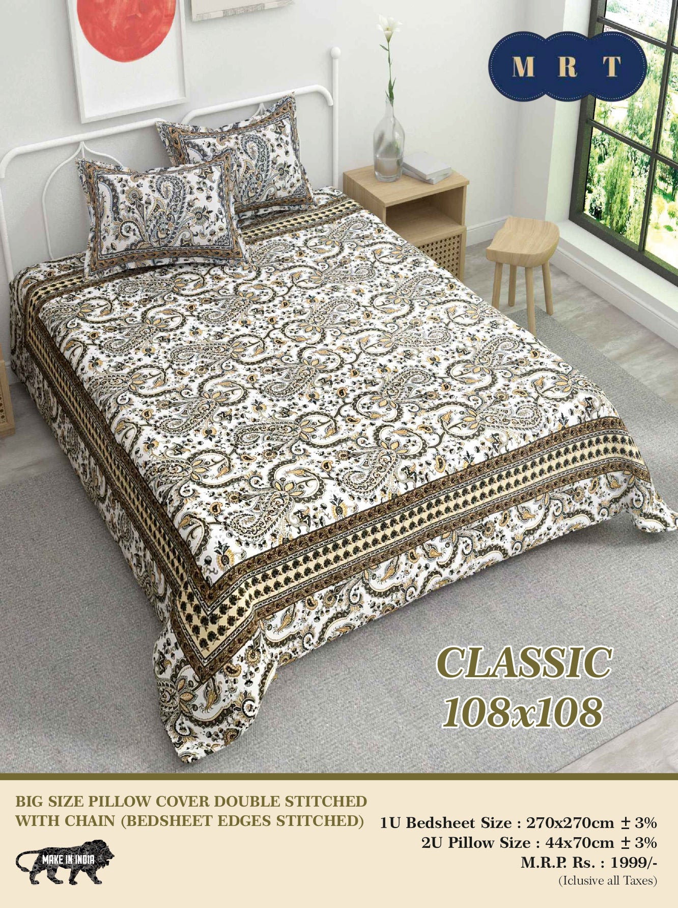Classic 108x108 Premium Double Bedsheet with 2 Pillow Covers