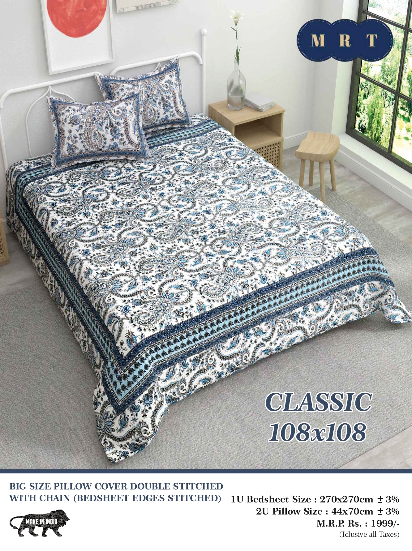 Classic 108x108 Premium Double Bedsheet with 2 Pillow Covers