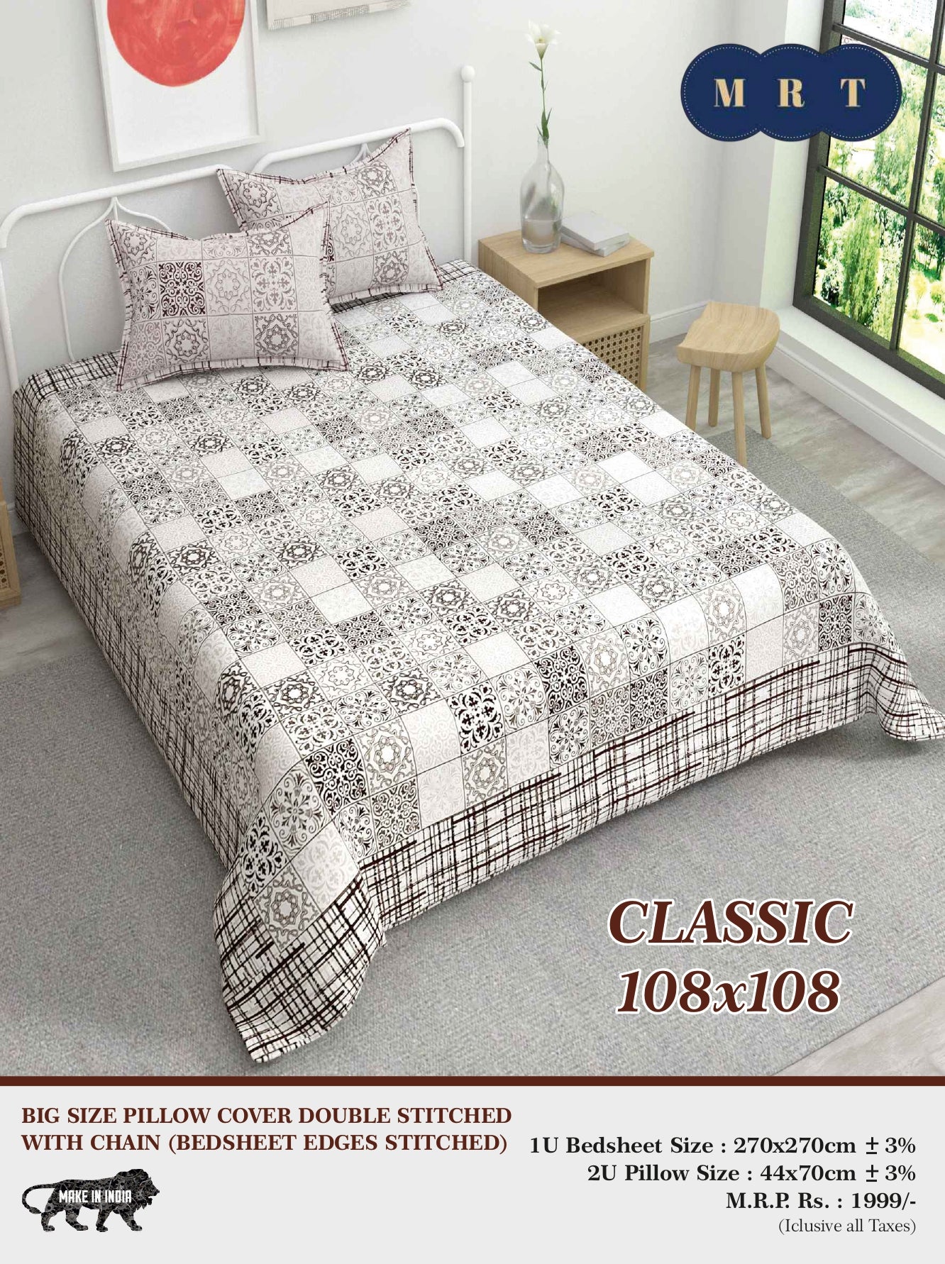 Classic 108x108 Premium Double Bedsheet with 2 Pillow Covers
