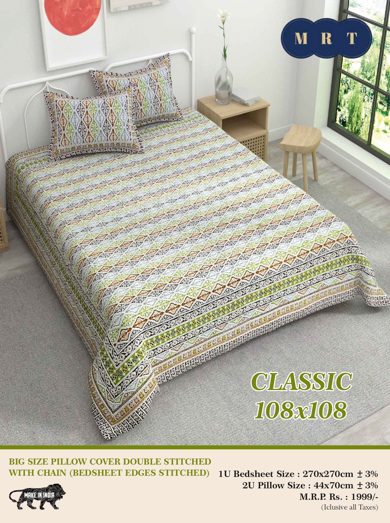 Classic 108x108 Premium Double Bedsheet with 2 Pillow Covers