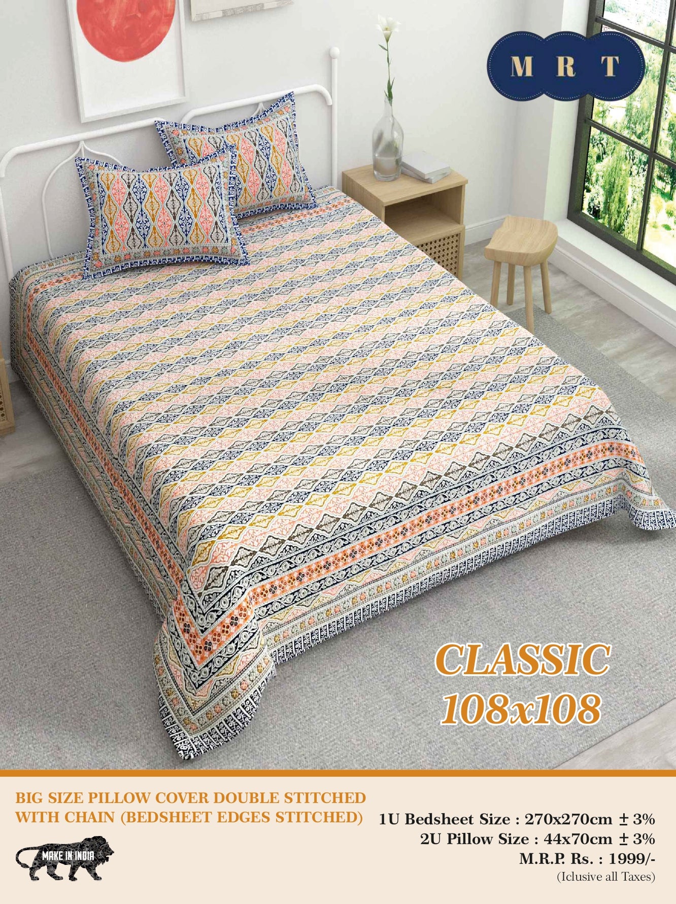 Classic 108x108 Premium Double Bedsheet with 2 Pillow Covers