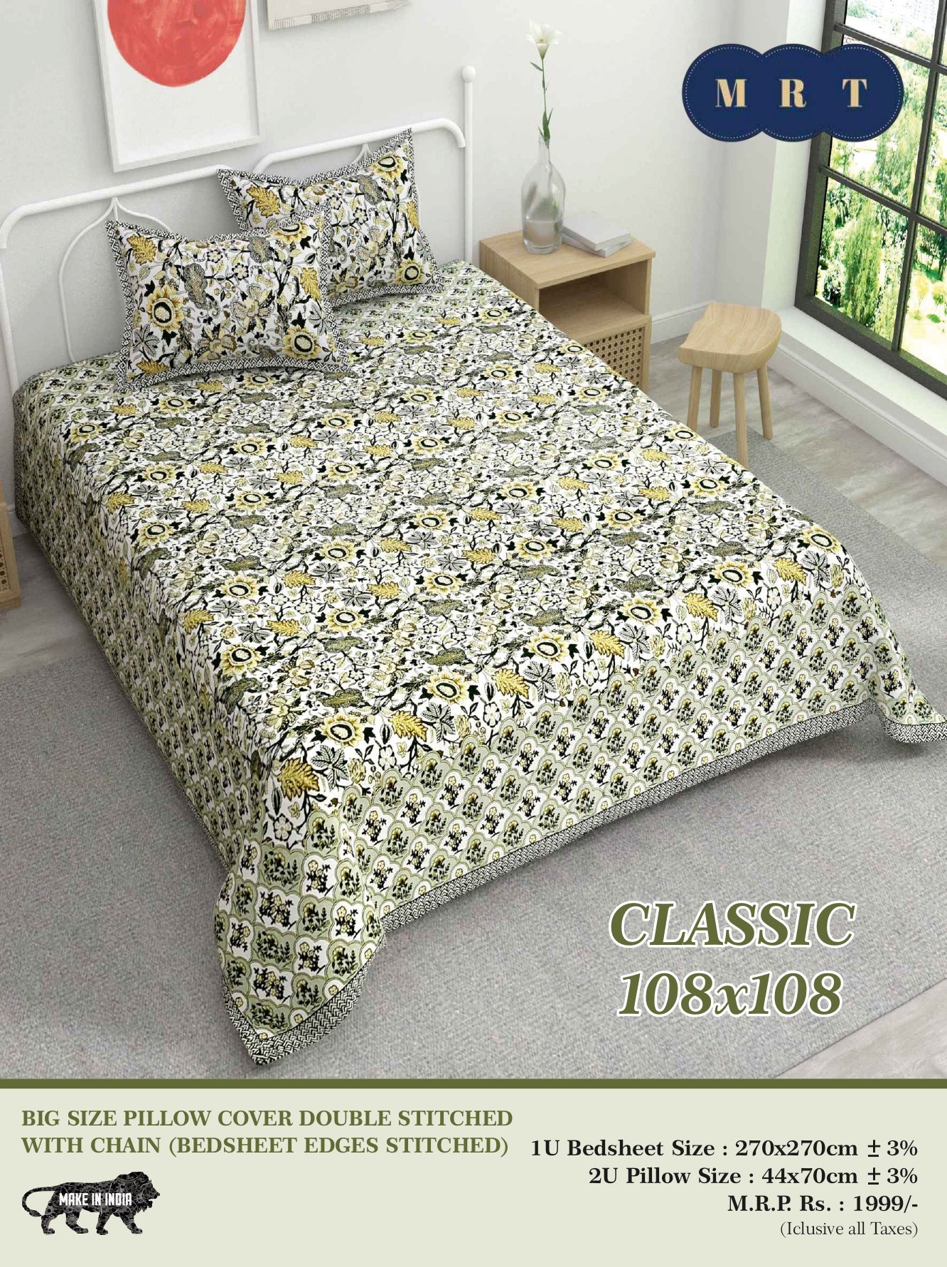 Classic 108x108 Premium Double Bedsheet with 2 Pillow Covers