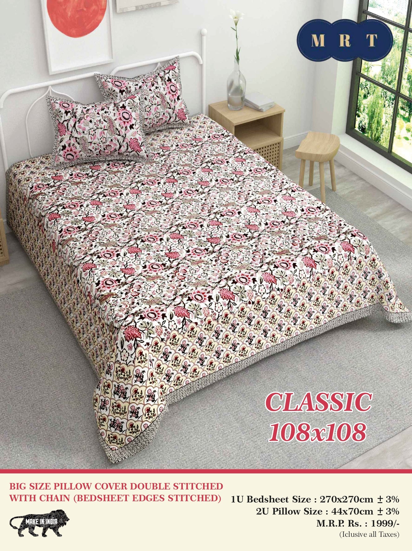 Classic 108x108 Premium Double Bedsheet with 2 Pillow Covers