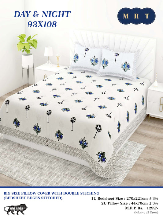 Day & Night Cotton Double Bedsheet with 2 Pillow Covers – 93×108 Inches