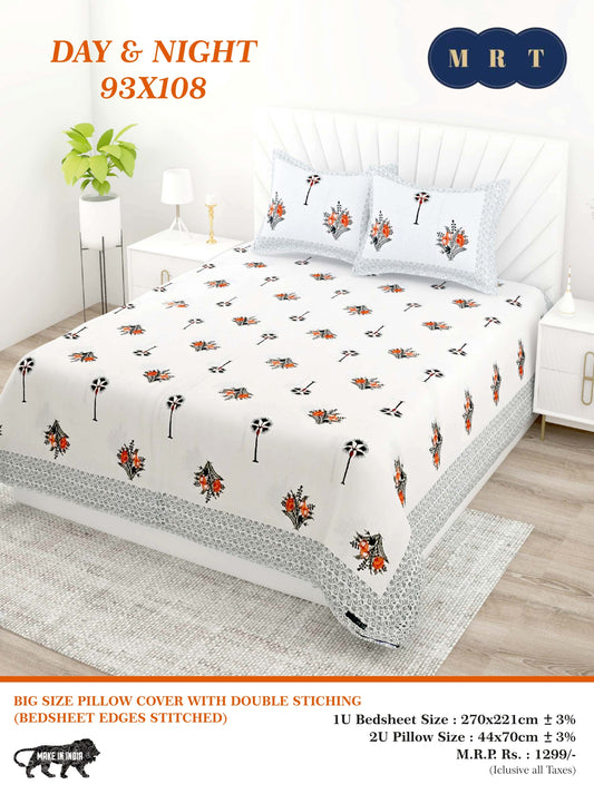 Day & Night Cotton Double Bedsheet with 2 Pillow Covers – 93×108 Inches