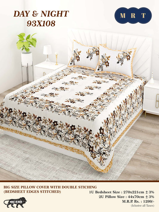 Day & Night Cotton Double Bedsheet with 2 Pillow Covers – 93×108 Inches