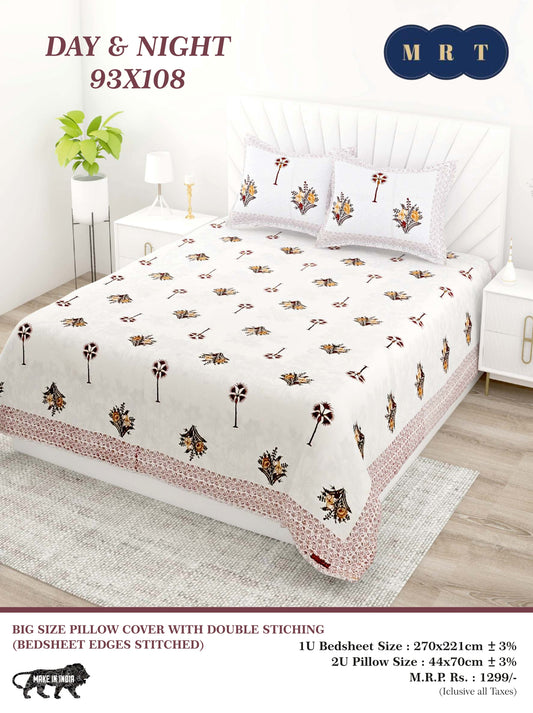 Day & Night Cotton Double Bedsheet with 2 Pillow Covers – 93×108 Inches