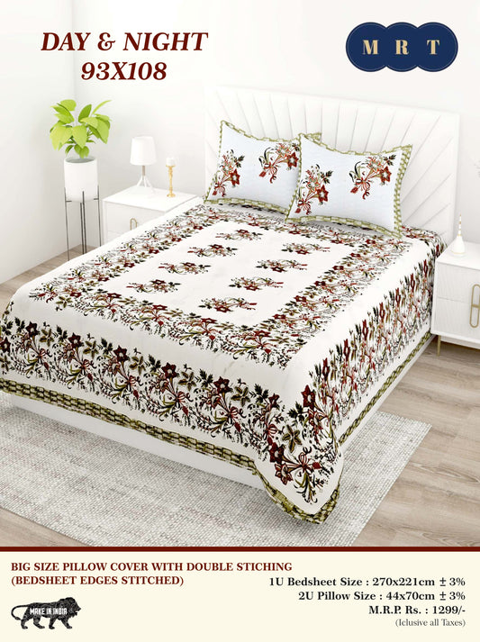 Day & Night Cotton Double Bedsheet with 2 Pillow Covers – 93×108 Inches