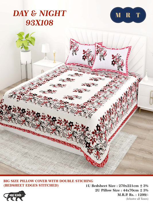 Day & Night Cotton Double Bedsheet with 2 Pillow Covers – 93×108 Inches