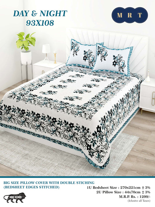 Day & Night Cotton Double Bedsheet with 2 Pillow Covers – 93×108 Inches