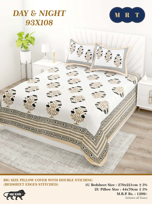 Day & Night Cotton Double Bedsheet with 2 Pillow Covers – 93×108 Inches