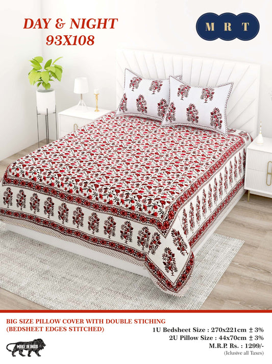Day & Night Cotton Double Bedsheet with 2 Pillow Covers – 93×108 Inches