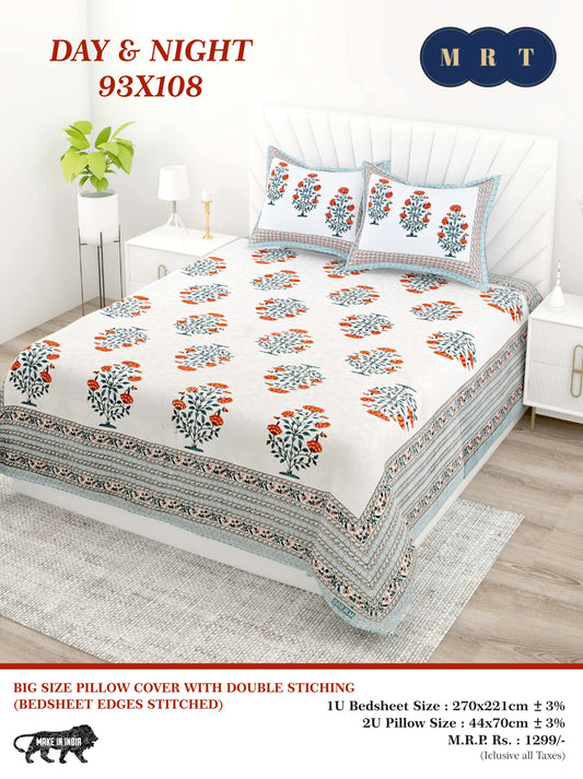 Day & Night Cotton Double Bedsheet with 2 Pillow Covers – 93×108 Inches