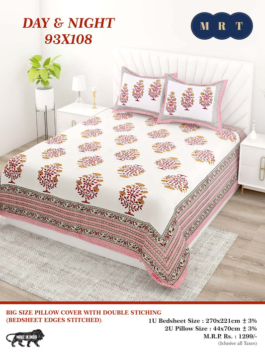 Day & Night Cotton Double Bedsheet with 2 Pillow Covers – 93×108 Inches