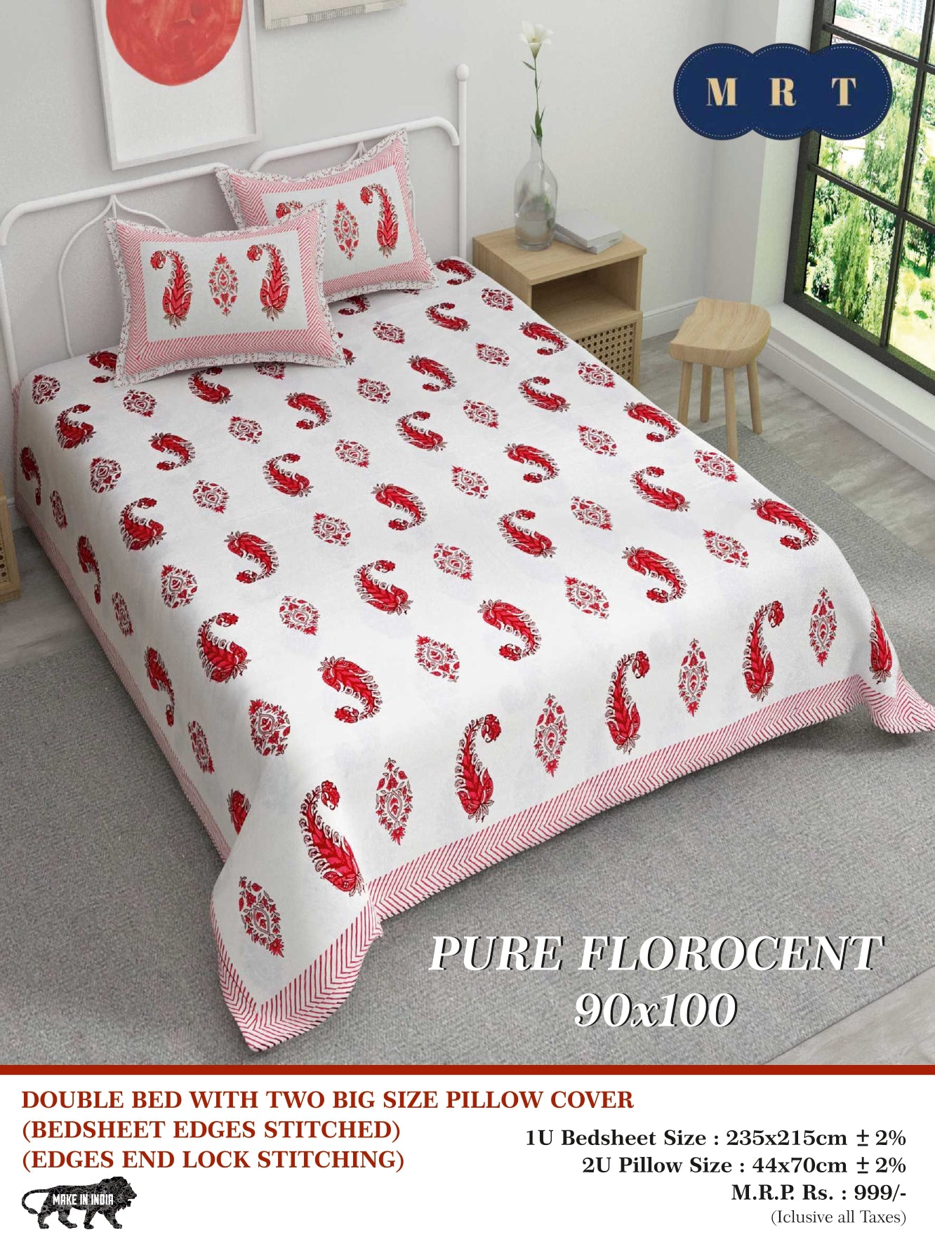 Pure florocent Queen size Double Bed Bedsheet with 2 Pillow Covers