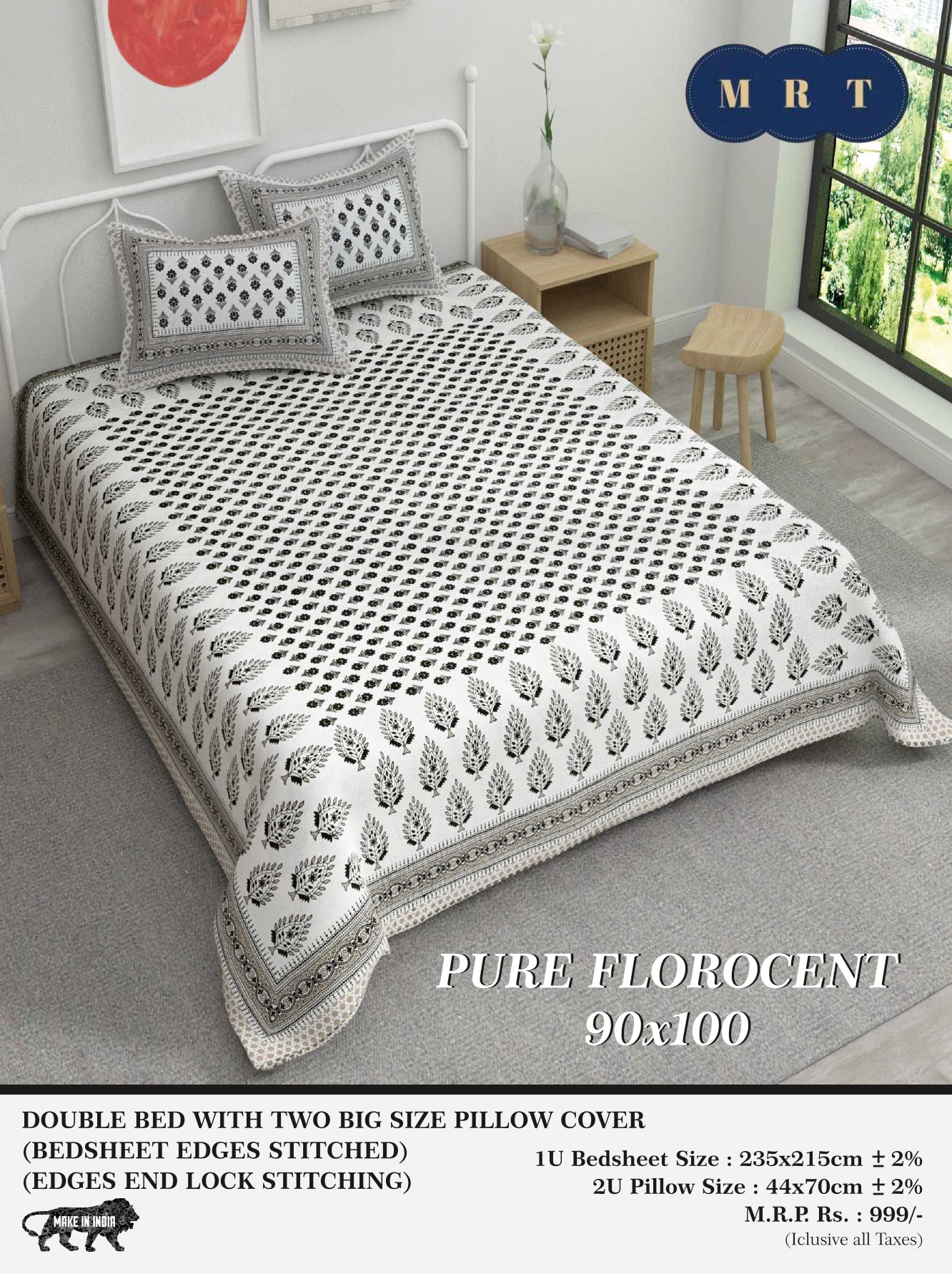 Pure florocent Queen size Double Bed Bedsheet with 2 Pillow Covers