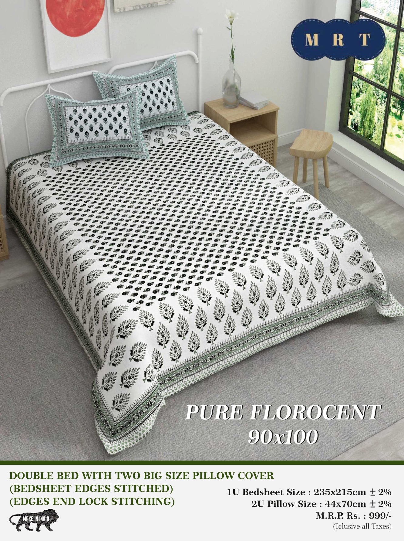 Pure florocent Queen size Double Bed Bedsheet with 2 Pillow Covers