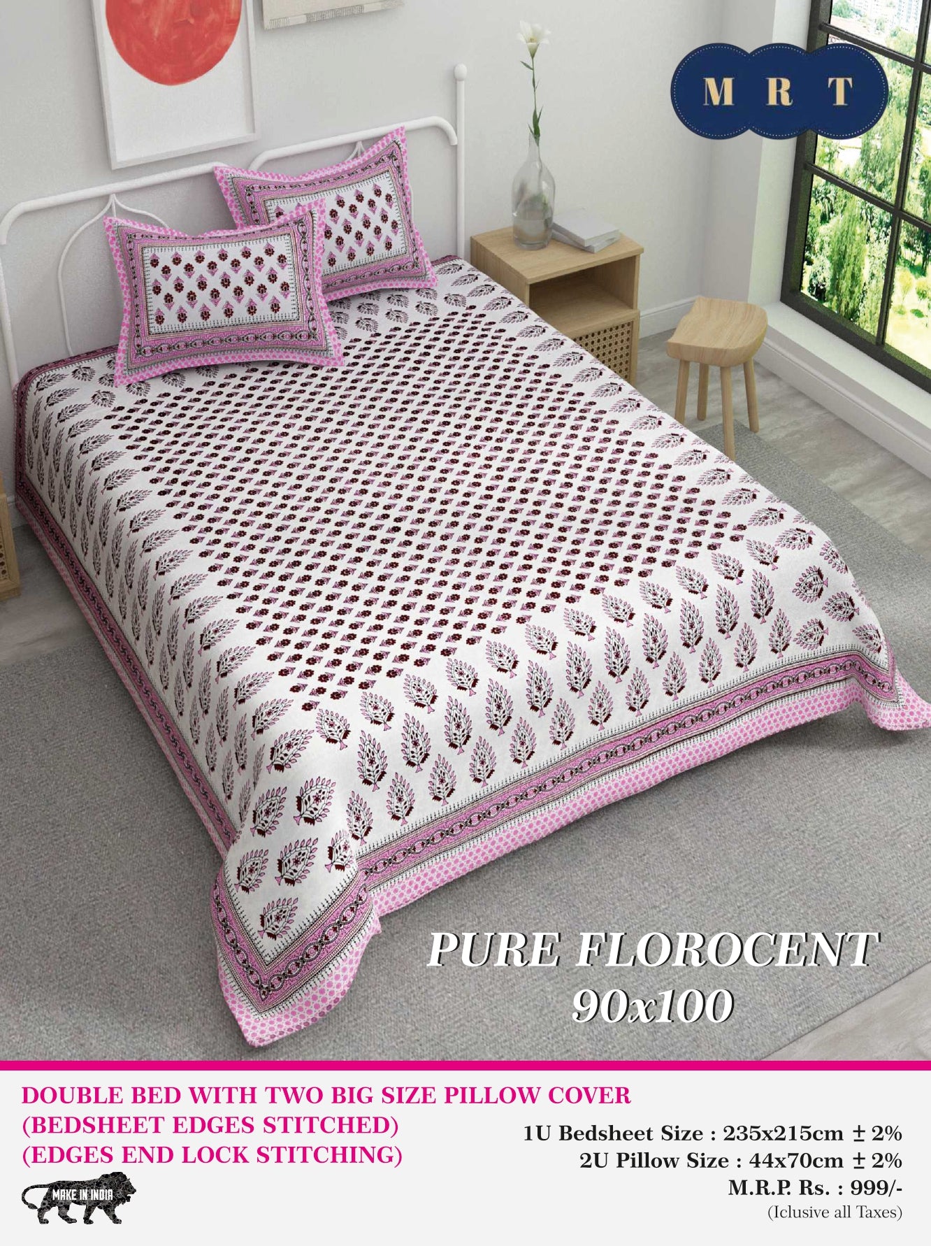 Pure florocent Queen size Double Bed Bedsheet with 2 Pillow Covers