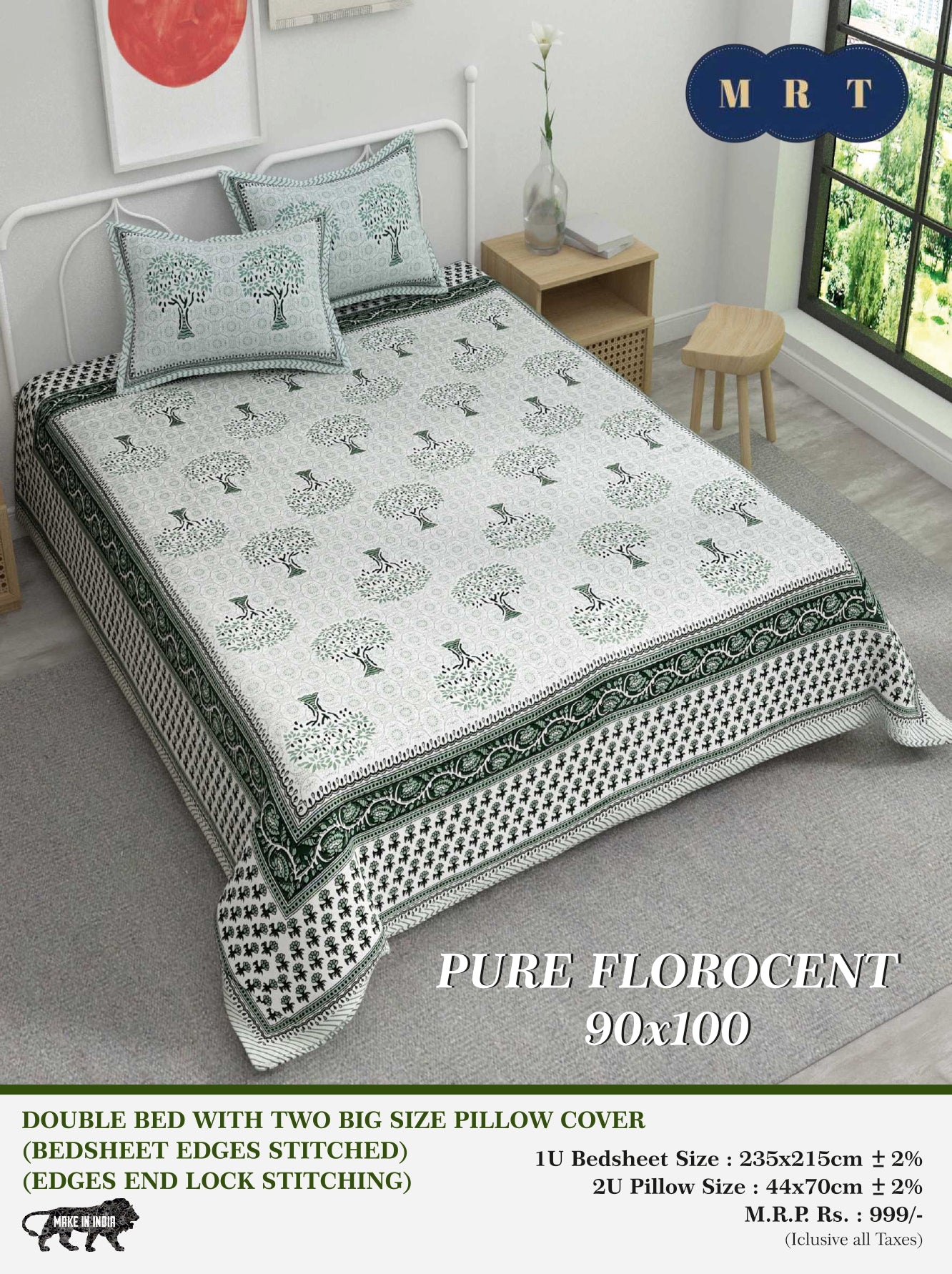Pure florocent Queen size Double Bed Bedsheet with 2 Pillow Covers