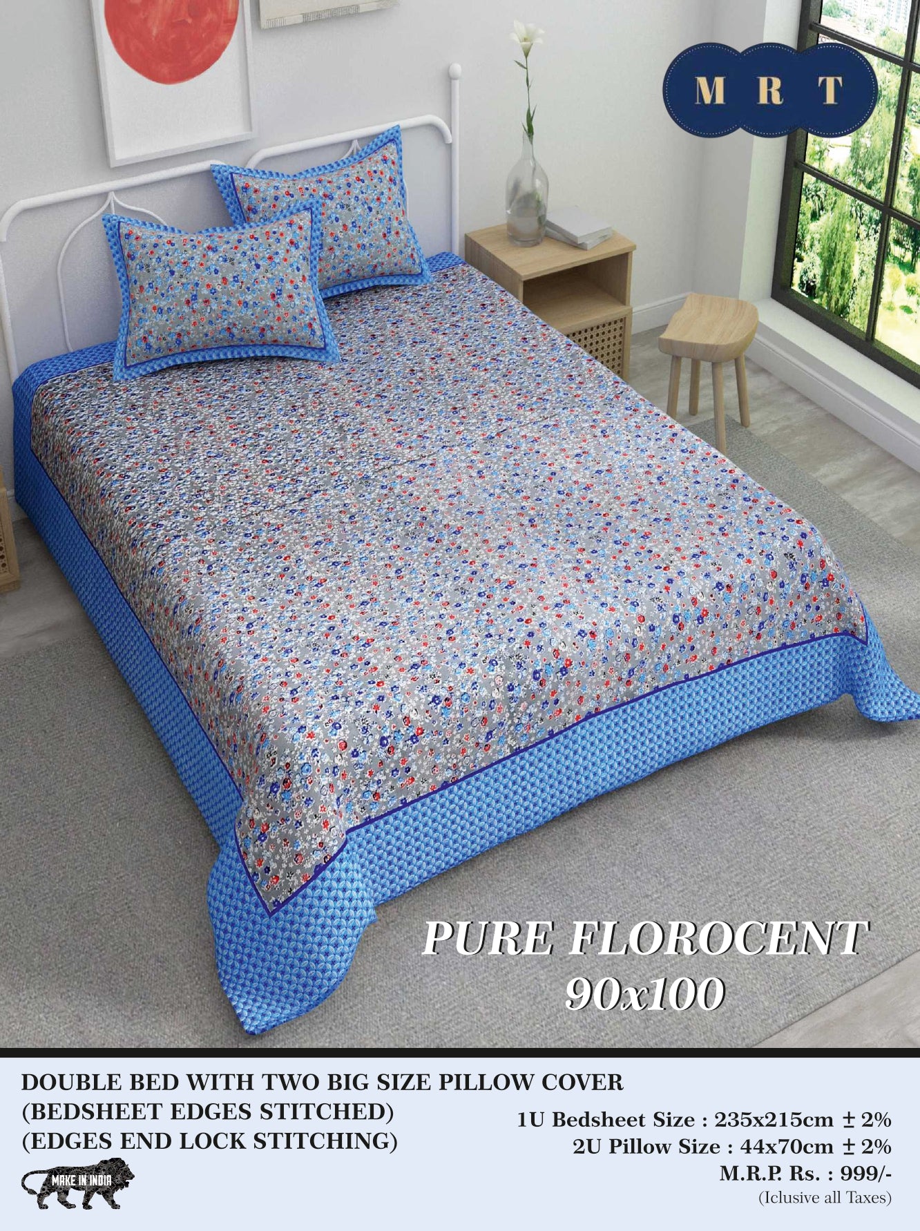 Pure florocent Queen size Double Bed Bedsheet with 2 Pillow Covers