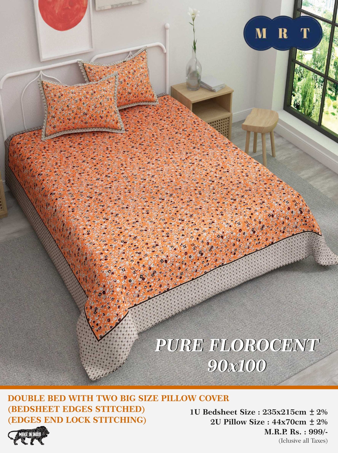 Pure florocent Queen size Double Bed Bedsheet with 2 Pillow Covers