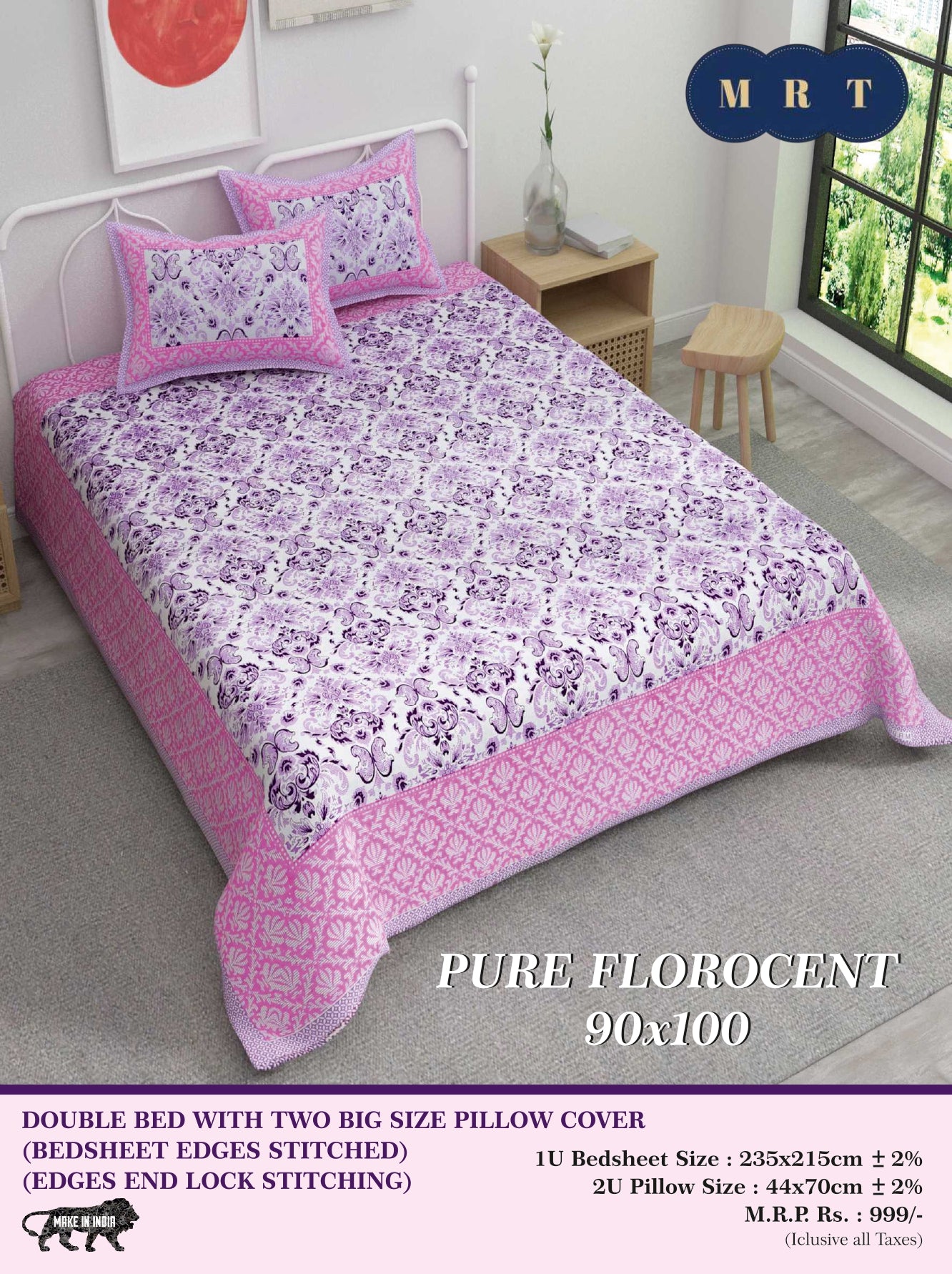 Pure florocent Queen size Double Bed Bedsheet with 2 Pillow Covers